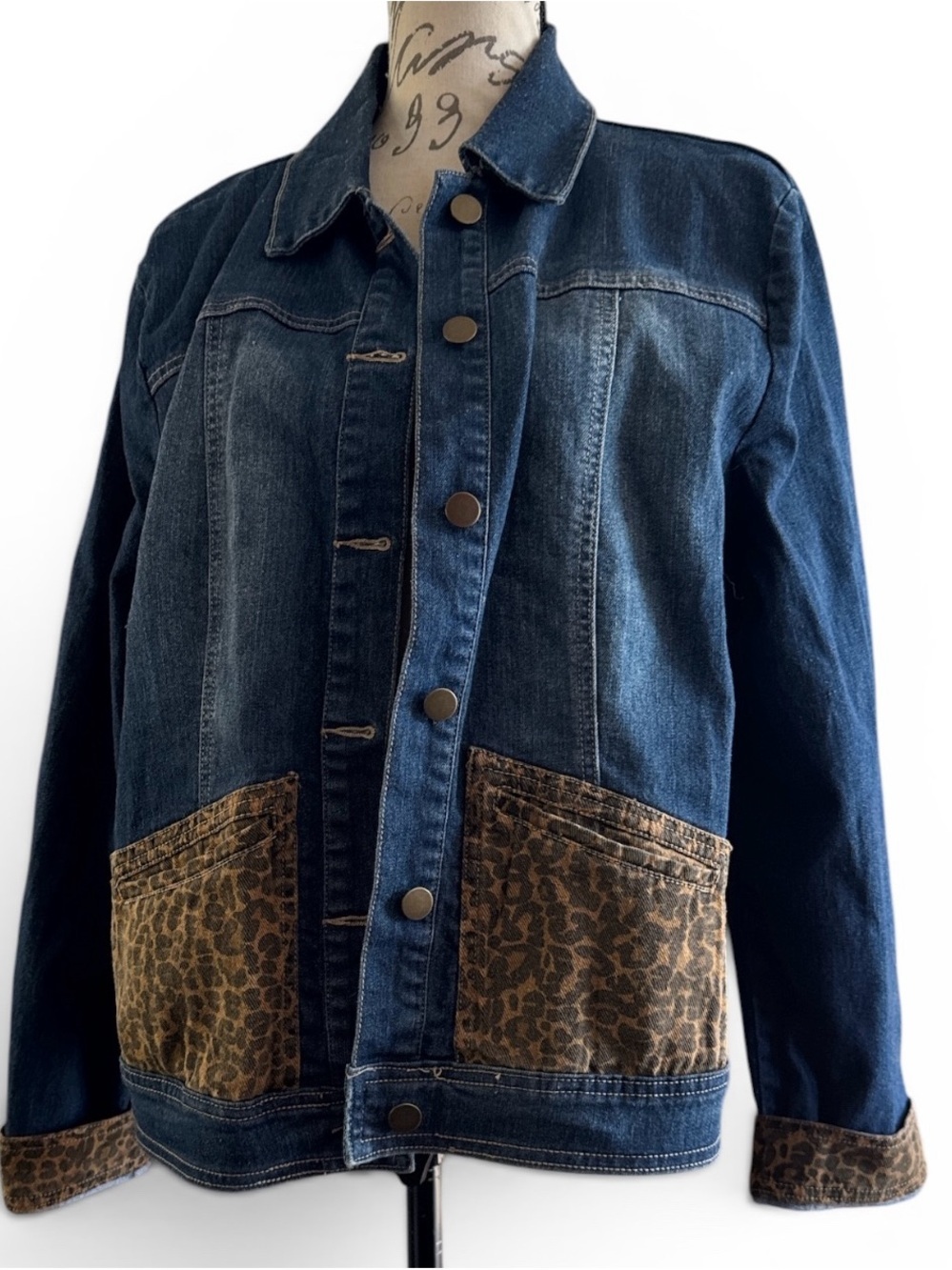 Back in the Saddle Dark Blue Denim Jacket with Leopard Print Pocket Details